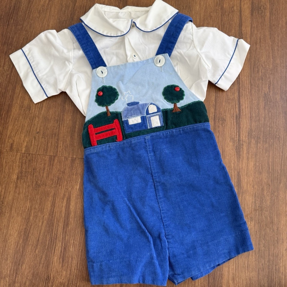 Vtg Country Farm Corduroy Overalls Boys 3 Blue Jon Jon Barn Apple 1980's Set